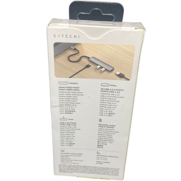 Satechi 4‑in‑1 USB‑C Hub, 4K/60Hz HDMI, 10Gbps, 100W PD, Braided Cable – Gray - Picture 5 of 7